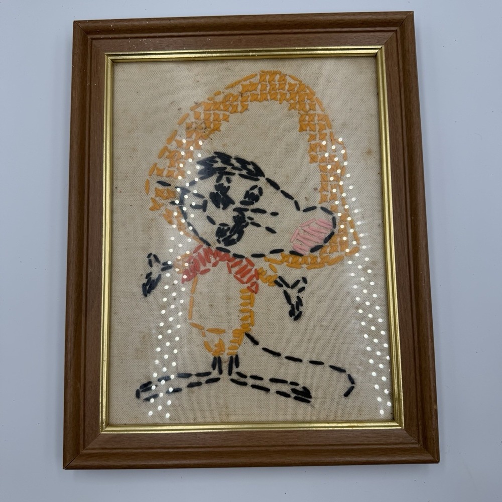 Vintage Crewel Work Needlepoint Hand Made Wall Art Framed Colorful Mouse 14x11